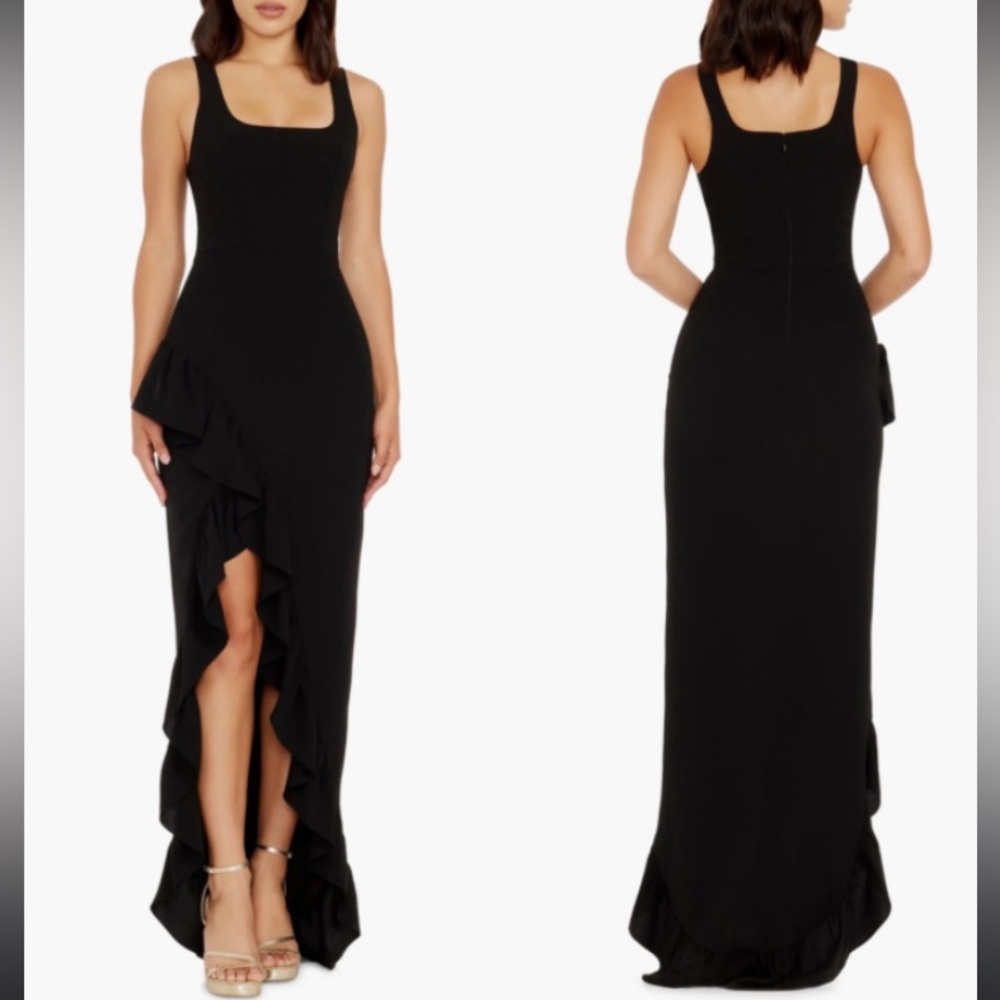 Charlene Square Neck Cascade Ruffle Gown- Dress the Population